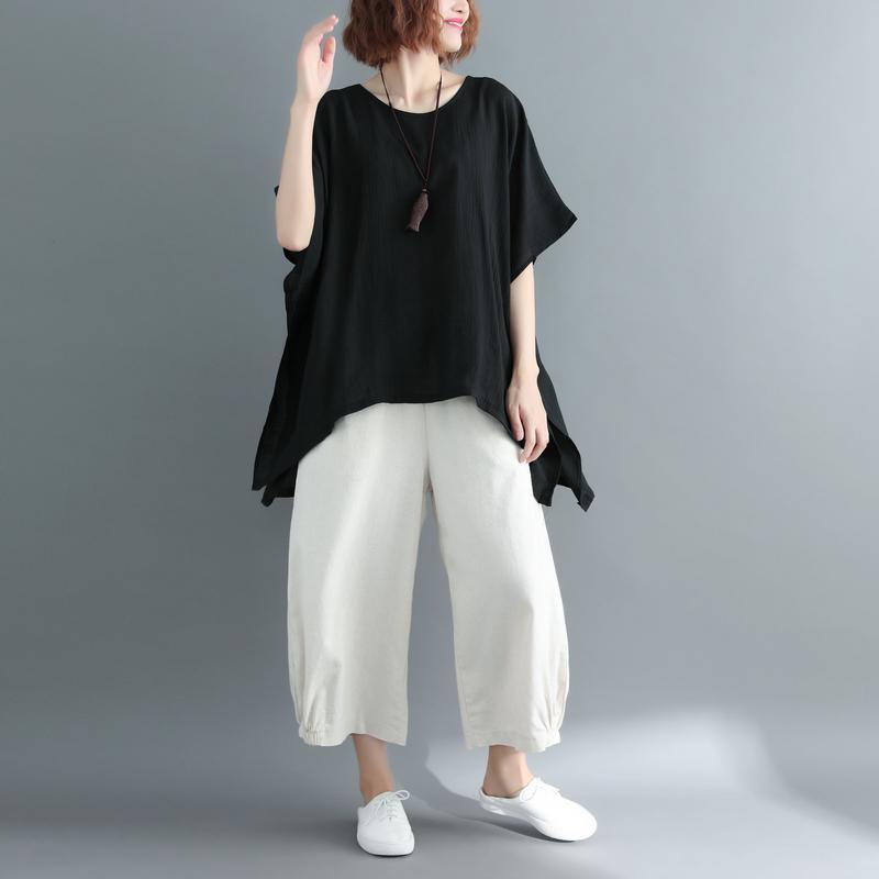 Black Cotton Linen Vest Linen Clothing Blouses Boutique Short Sleeve O Neck Brief T Shirt