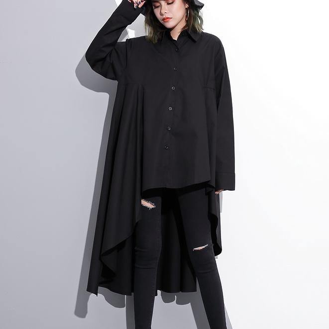 Black Cotton Tops Clothing Cotton Clothing Blouses Fine Low High Design Lapel Collar Cotton Tops