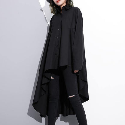 Black Cotton Tops Clothing Cotton Clothing Blouses Fine Low High Design Lapel Collar Cotton Tops