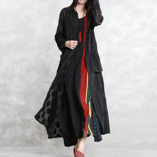 Black Dotted Jacquard Coats Turn-down Collar Outwear Fine Long Sleeve Pockets Long Coat