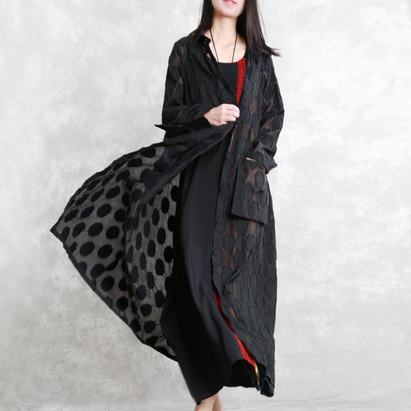 Black Dotted Jacquard Coats Turn-down Collar Outwear Fine Long Sleeve Pockets Long Coat