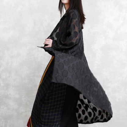 Black Dotted Jacquard Coats Turn-down Collar Outwear Fine Long Sleeve Pockets Long Coat