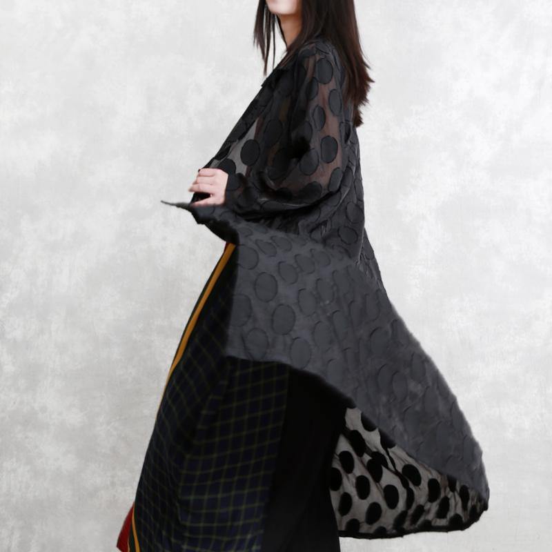 Black Dotted Jacquard Coats Turn-down Collar Outwear Fine Long Sleeve Pockets Long Coat