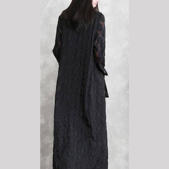Black Dotted Jacquard Coats Turn-down Collar Outwear Fine Long Sleeve Pockets Long Coat