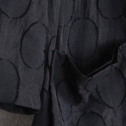 Black Dotted Jacquard Coats Turn-down Collar Outwear Fine Long Sleeve Pockets Long Coat