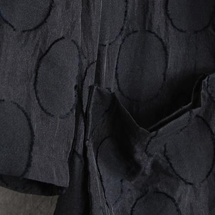 Black Dotted Jacquard Coats Turn-down Collar Outwear Fine Long Sleeve Pockets Long Coat