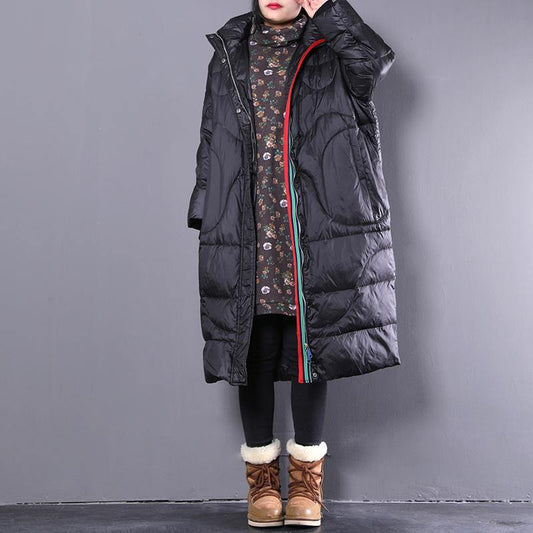 Black Down Coat Stand Collar Down Coat Pockets Zippered Overcoat