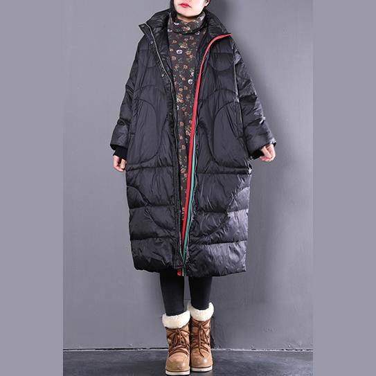 Black Down Coat Stand Collar Down Coat Pockets Zippered Overcoat