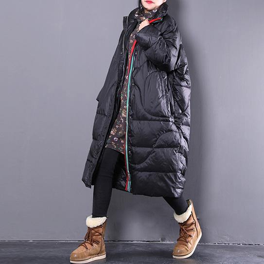 Black Down Coat Stand Collar Down Coat Pockets Zippered Overcoat