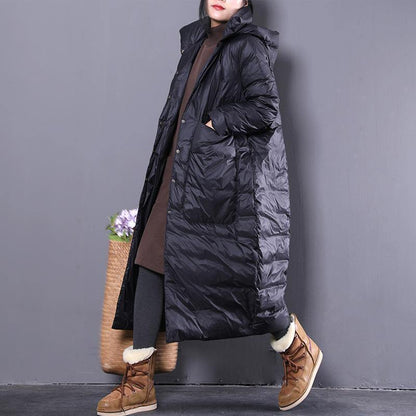 Black Down Coat Clothing Hooded Down Coat Large Pockets Down Coat