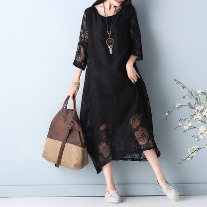 Black Hollow Out Maxi Dress O Neck Half Sleeve Bridesmaid Dress Asymmetric Summer Dress