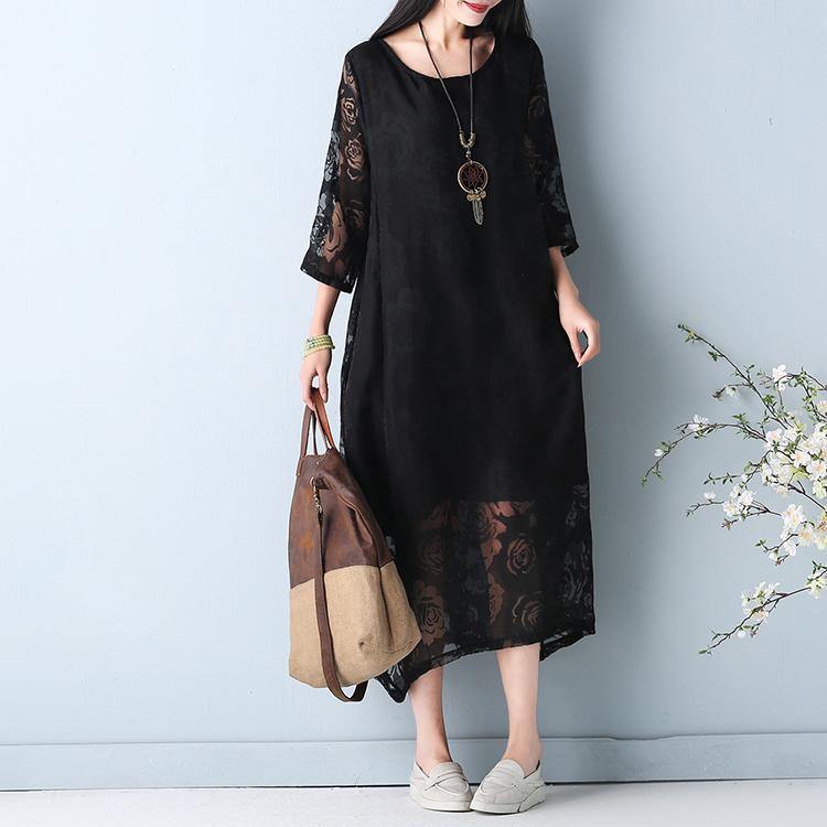 Black Hollow Out Maxi Dress O Neck Half Sleeve Bridesmaid Dress Asymmetric Summer Dress