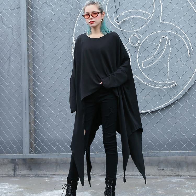 2025 black natural cotton blended t shirt oversize O neck clothing tops vintage asymmetric large hem t shirt