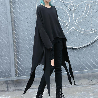 2025 black natural cotton blended t shirt oversize O neck clothing tops vintage asymmetric large hem t shirt