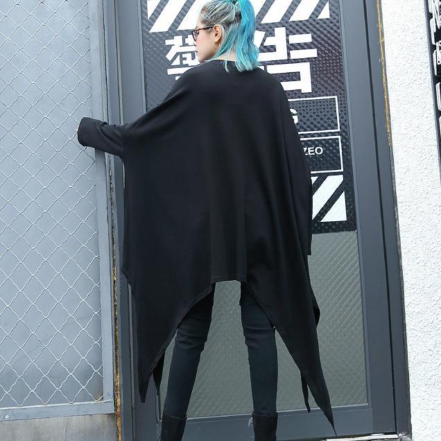 2025 black natural cotton blended t shirt oversize O neck clothing tops vintage asymmetric large hem t shirt
