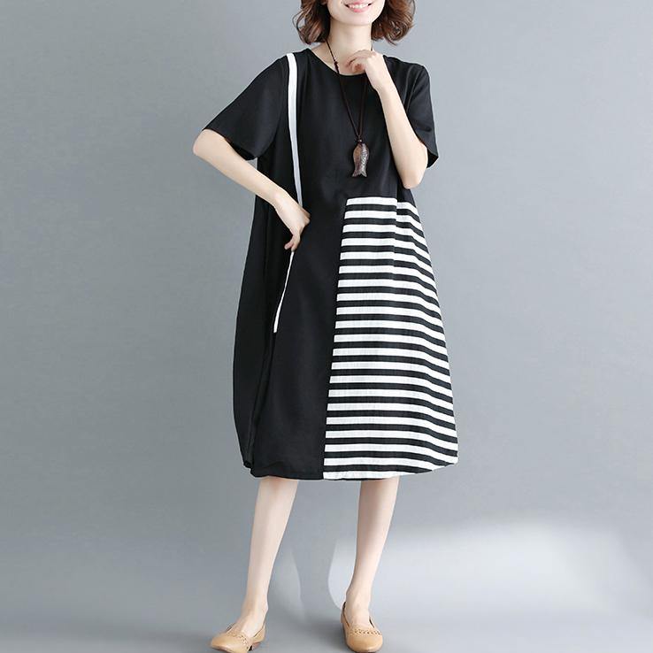 Black Natural Cotton Dress Dress Fine Short Sleeve O Neck Cotton Dress