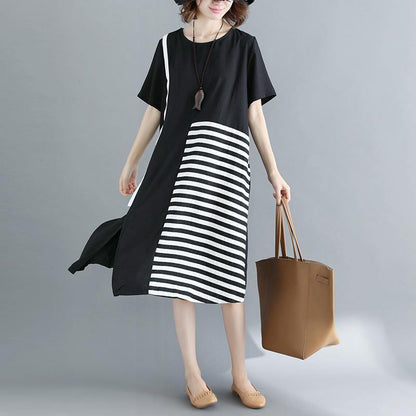 Black Natural Cotton Dress Dress Fine Short Sleeve O Neck Cotton Dress