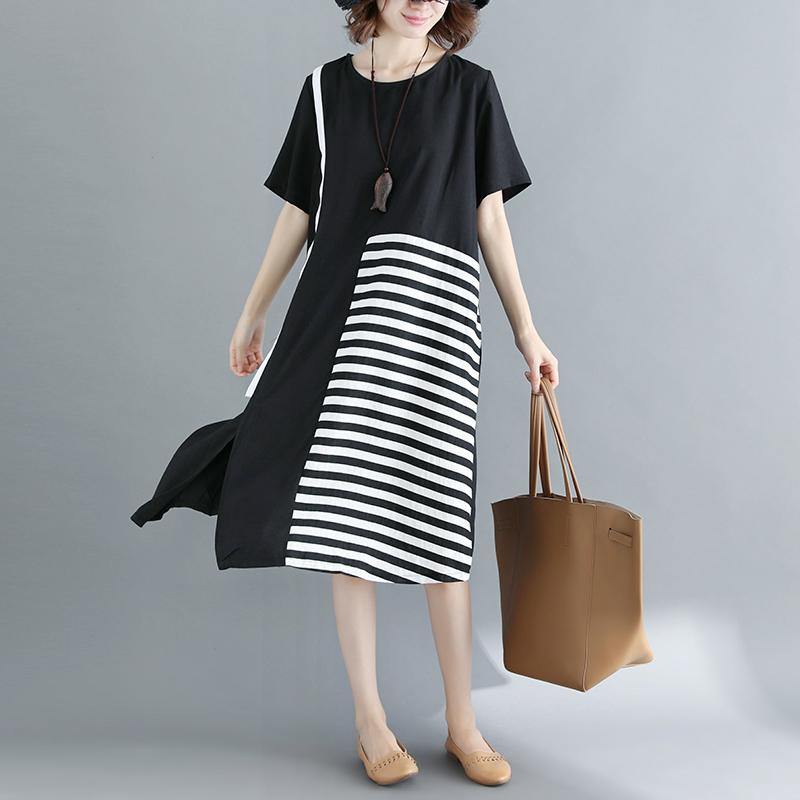Black Natural Cotton Dress Dress Fine Short Sleeve O Neck Cotton Dress