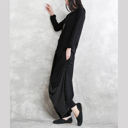 2025 black patchwork cotton blended casual shirts Fine long sleeve asymmetric o neck Cinched cotton blended tops