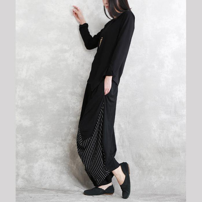 Black Patchwork Cotton Blended Shirts Fine Long Sleeve Asymmetric O Neck Cinched Cotton Blended Tops
