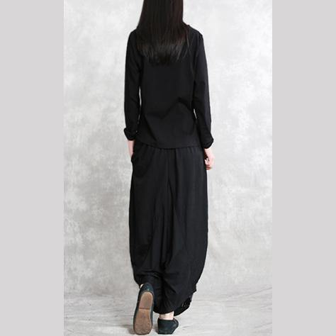 Black Patchwork Cotton Blended Shirts Fine Long Sleeve Asymmetric O Neck Cinched Cotton Blended Tops