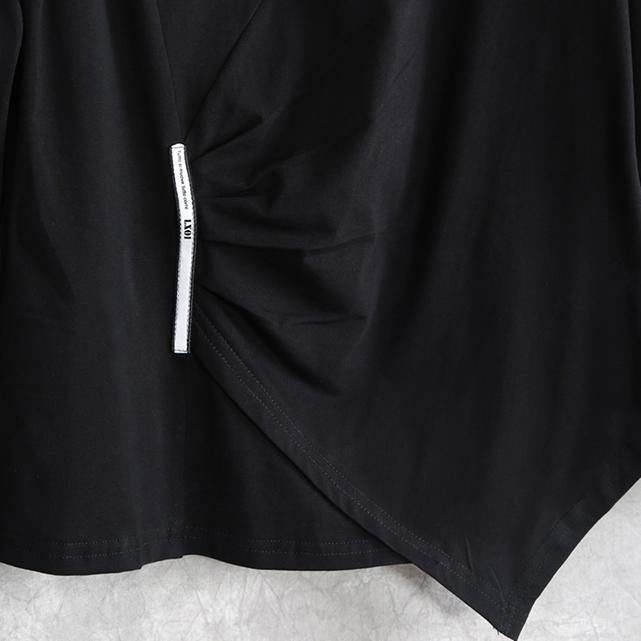 Black Patchwork Cotton Blended Shirts Fine Long Sleeve Asymmetric O Neck Cinched Cotton Blended Tops