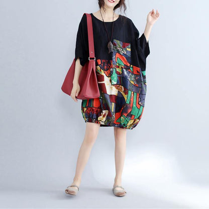 Black Patchwork Cotton Shift Dress Cotton Clothing Dresses Fine Batwing Sleeve Prints Cotton Dress
