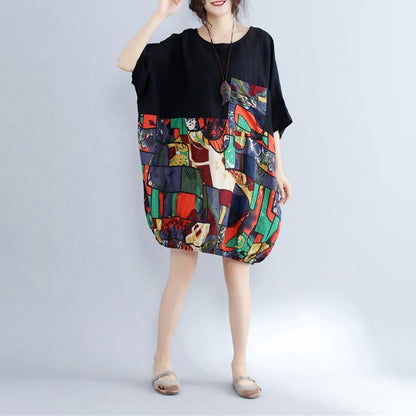 Black Patchwork Cotton Shift Dress Cotton Clothing Dresses Fine Batwing Sleeve Prints Cotton Dress