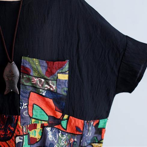 Black Patchwork Cotton Shift Dress Cotton Clothing Dresses Fine Batwing Sleeve Prints Cotton Dress