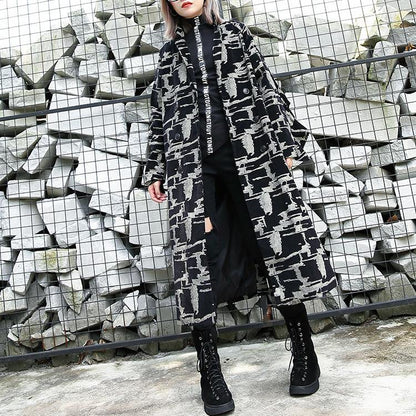 Black Print Coat Lapel Patchwork Coat Fine Asymmetrical Design Coat