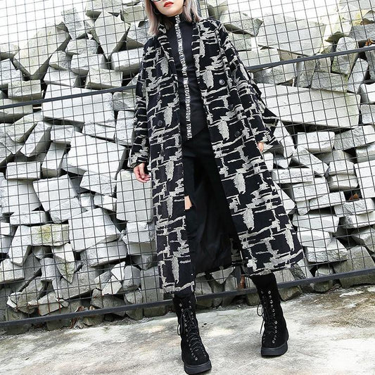 Black Print Coat Lapel Patchwork Coat Fine Asymmetrical Design Coat