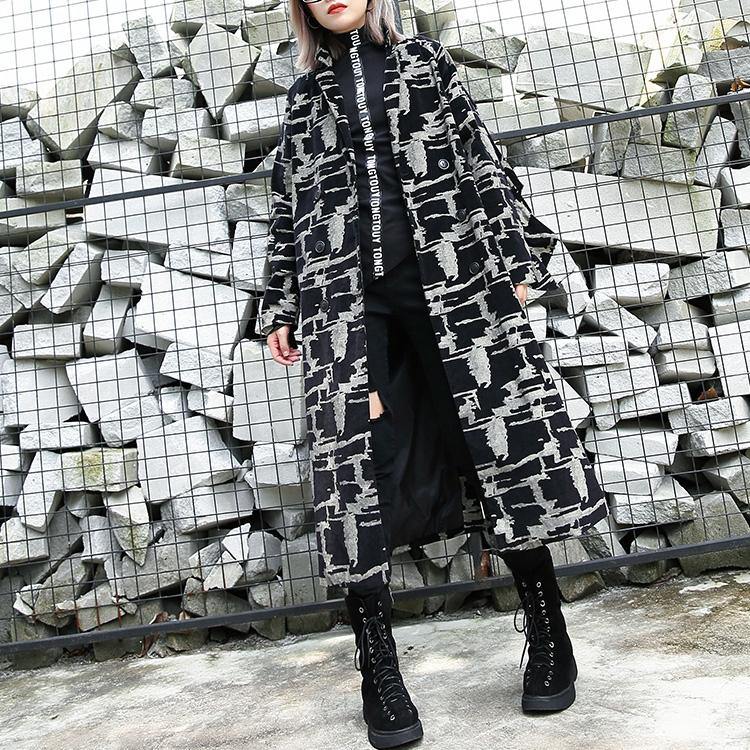 Black Print Coat Lapel Patchwork Coat Fine Asymmetrical Design Coat