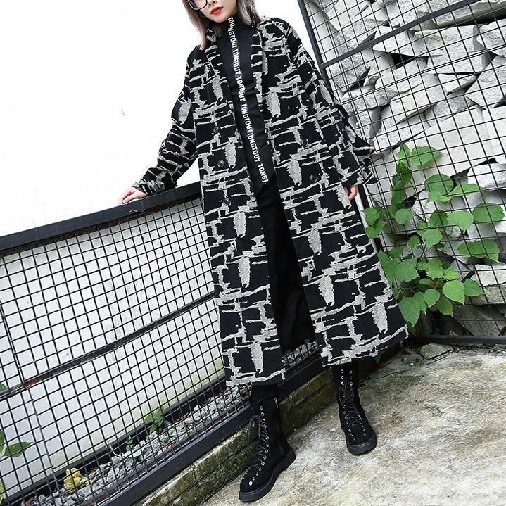 Black Print Coat Lapel Patchwork Coat Fine Asymmetrical Design Coat