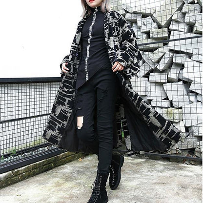 Black Print Coat Lapel Patchwork Coat Fine Asymmetrical Design Coat