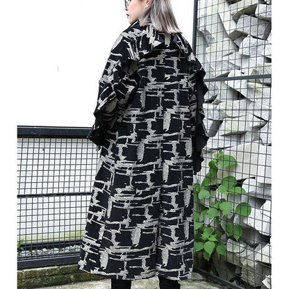 Black Print Coat Lapel Patchwork Coat Fine Asymmetrical Design Coat