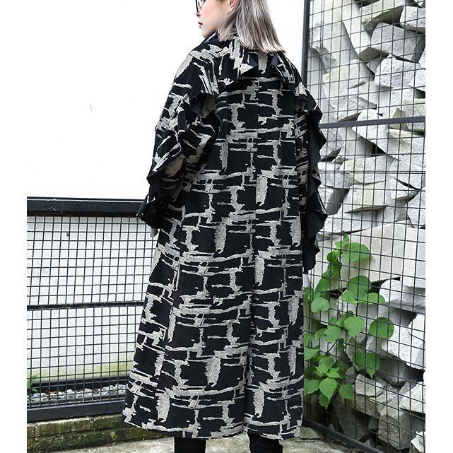 Black Print Coat Lapel Patchwork Coat Fine Asymmetrical Design Coat