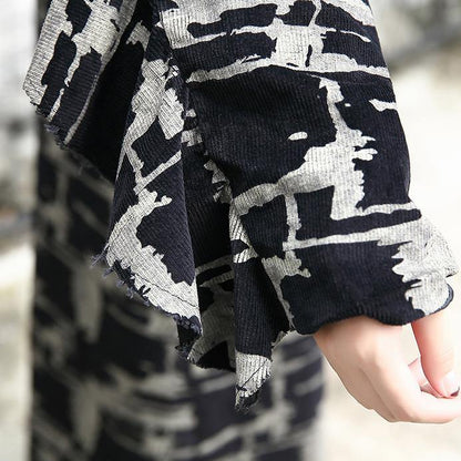 Black Print Coat Lapel Patchwork Coat Fine Asymmetrical Design Coat