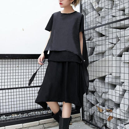 Black Pure Linen Tops Traveling Clothing Patchwork Faux Two Pieces Tops