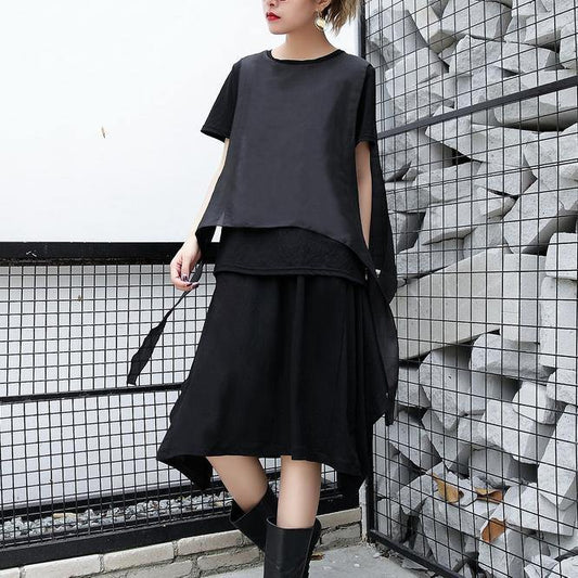 Black Pure Linen Tops Traveling Clothing Patchwork Faux Two Pieces Tops