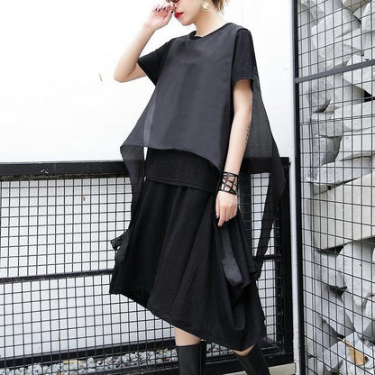 Black Pure Linen Tops Traveling Clothing Patchwork Faux Two Pieces Tops
