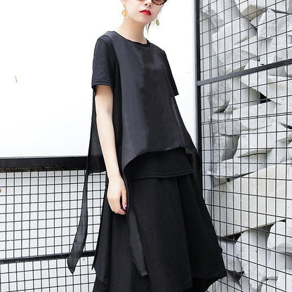 Black Pure Linen Tops Traveling Clothing Patchwork Faux Two Pieces Tops