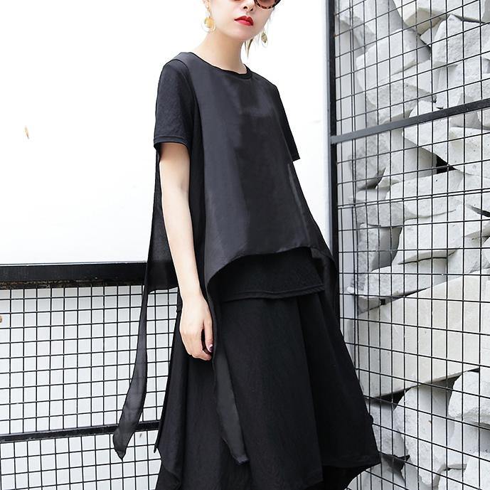 Black Pure Linen Tops Traveling Clothing Patchwork Faux Two Pieces Tops