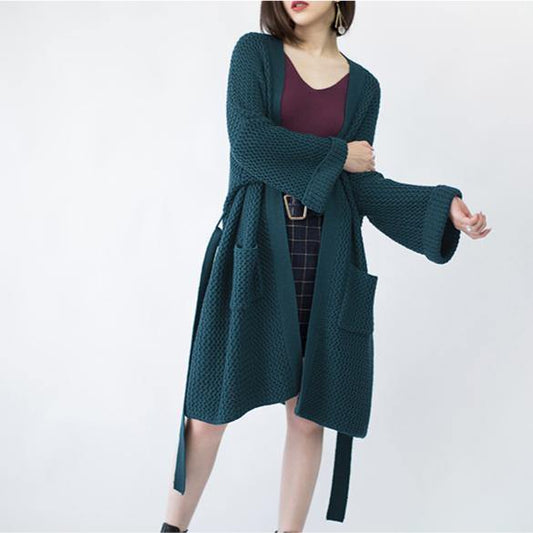 Blackish Green Wool Coat Flare Sleeve Tie Waist Maxi Coat Pockets Coat