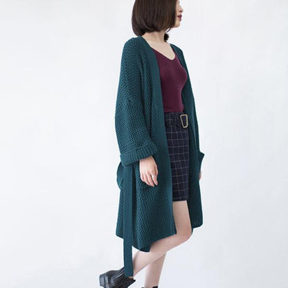 Blackish Green Wool Coat Flare Sleeve Tie Waist Maxi Coat Pockets Coat