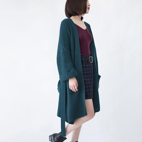 Blackish Green Wool Coat Flare Sleeve Tie Waist Maxi Coat Pockets Coat