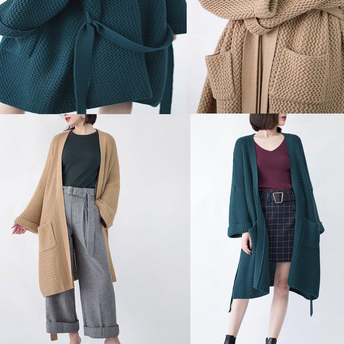 Blackish Green Wool Coat Flare Sleeve Tie Waist Maxi Coat Pockets Coat