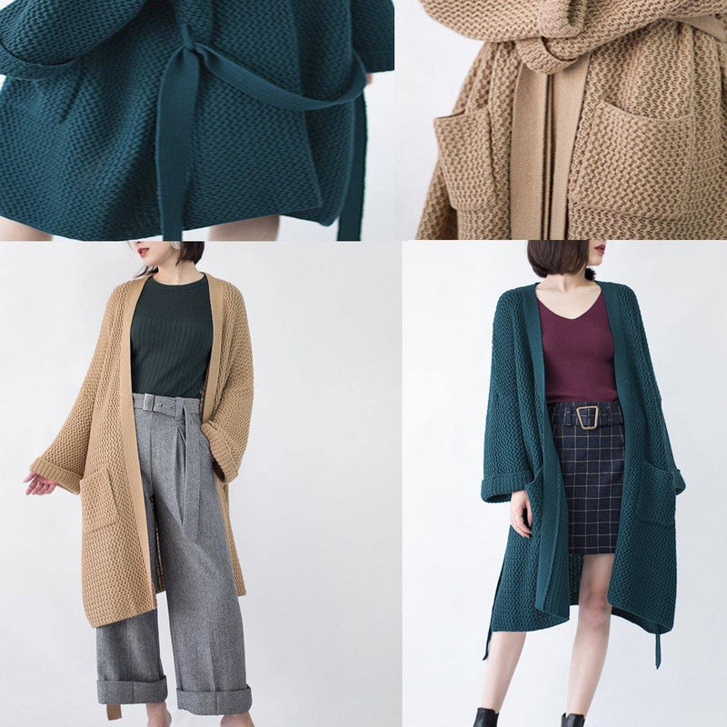 Blackish Green Wool Coat Flare Sleeve Tie Waist Maxi Coat Pockets Coat