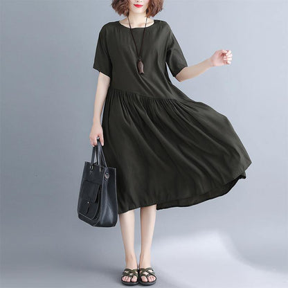 Blackish Green Pure Cotton Blended Dresses Oversize Maxi Dress Short Sleeve Baggy Dresses O Neck Patchwork Cotton Dress