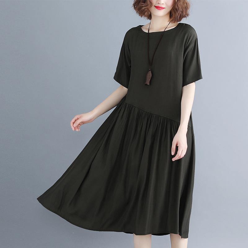 Blackish Green Pure Cotton Blended Dresses Oversize Maxi Dress Short Sleeve Baggy Dresses O Neck Patchwork Cotton Dress