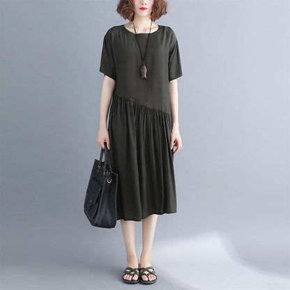 Blackish Green Pure Cotton Blended Dresses Oversize Maxi Dress Short Sleeve Baggy Dresses O Neck Patchwork Cotton Dress